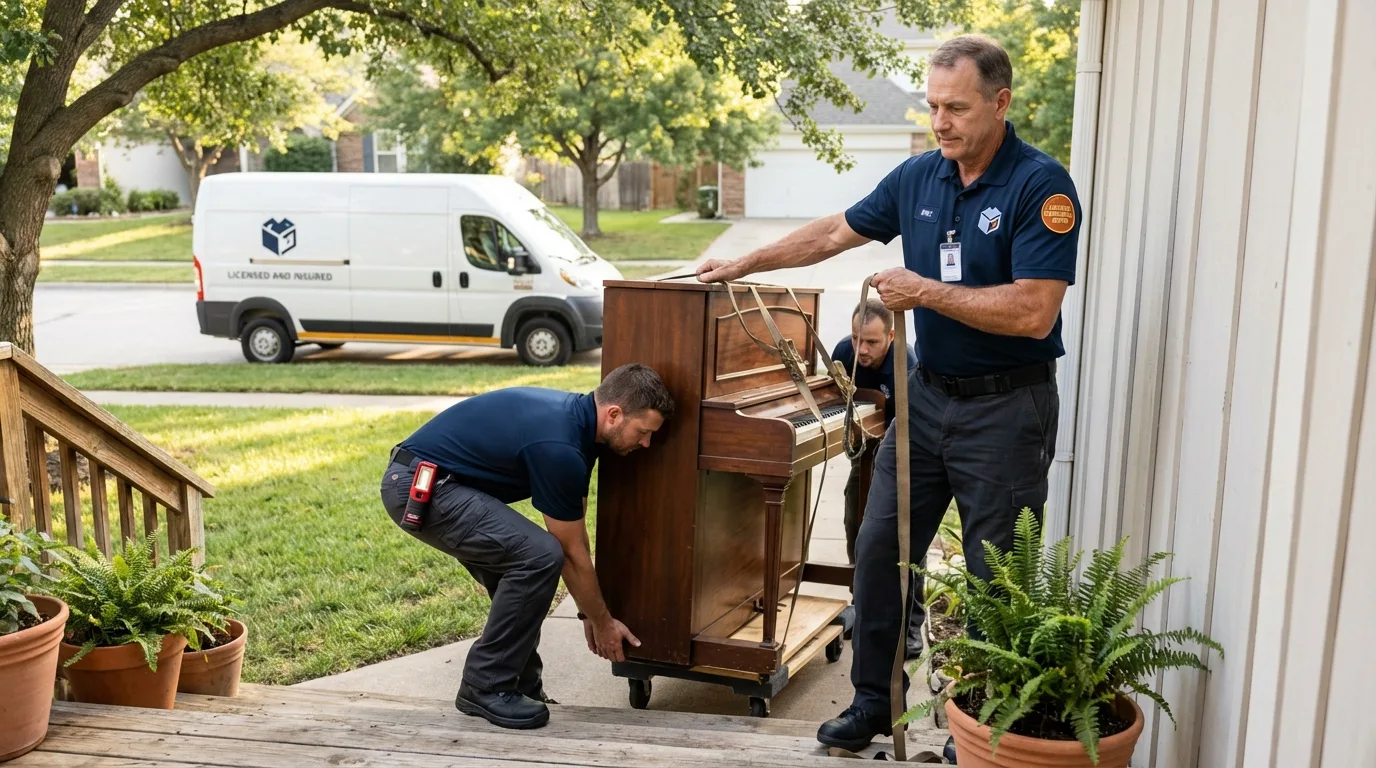 Licensed piano movers securing grand piano in Elk Rapids, MI