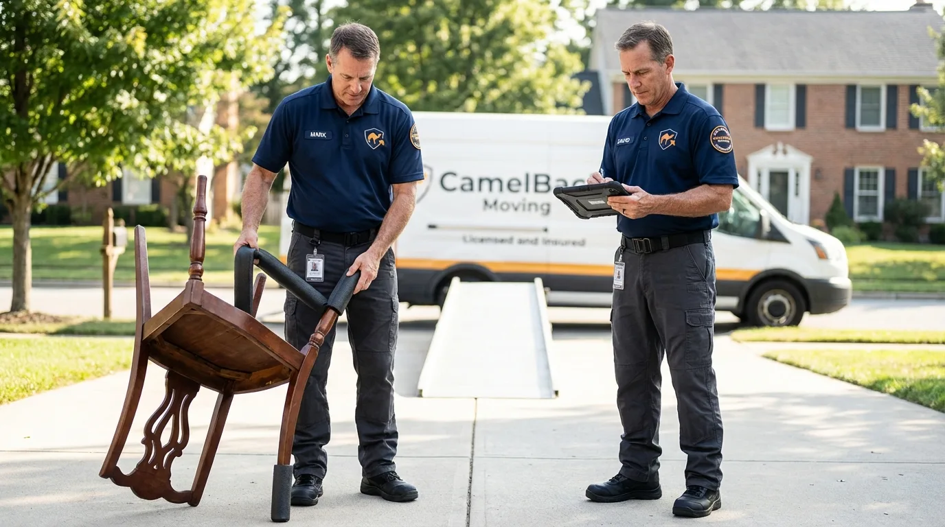 Movers inspecting furniture for damage prevention before loading in Elk Rapids, MI